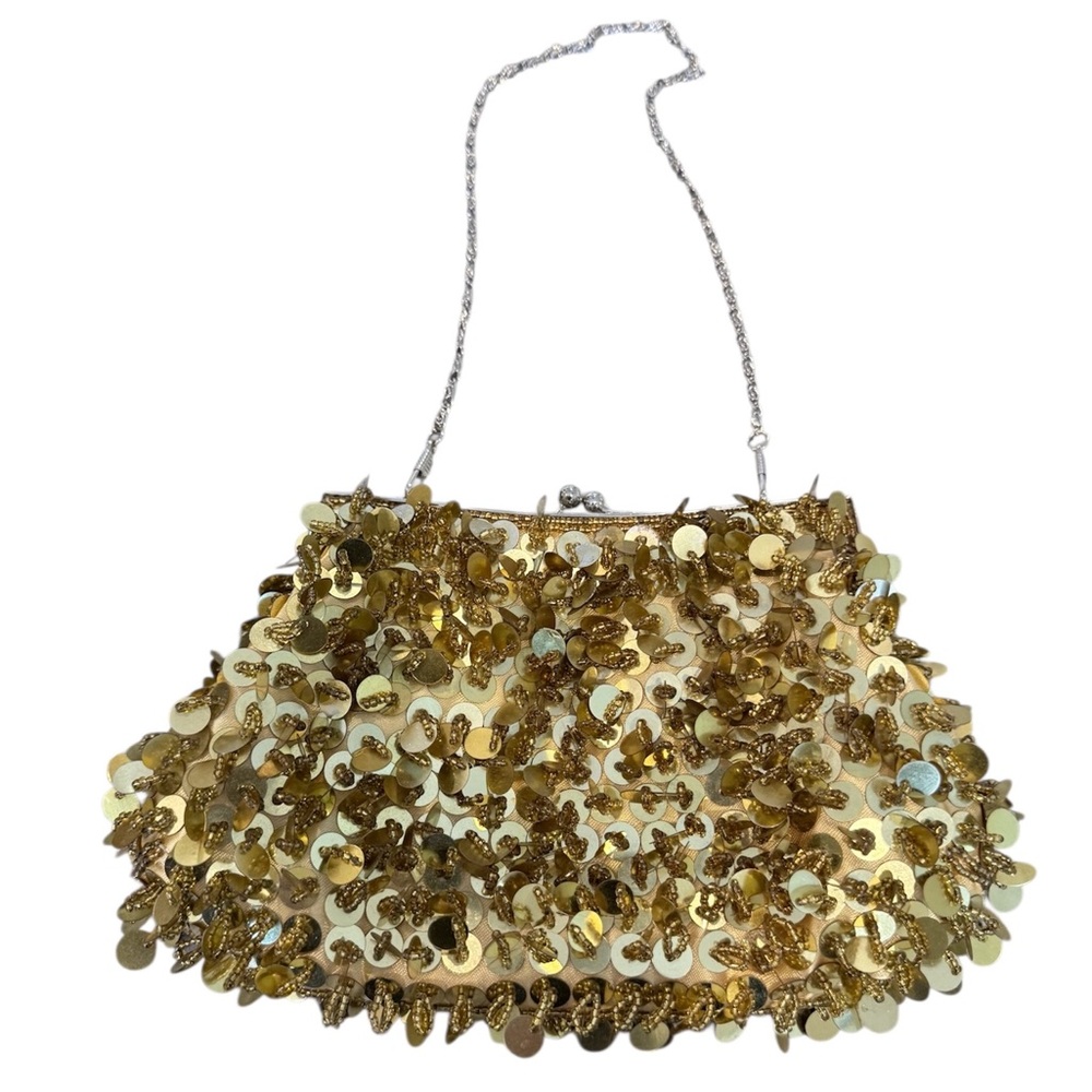 Gold Sequined evening clutch purse with a removable silver chain strap
